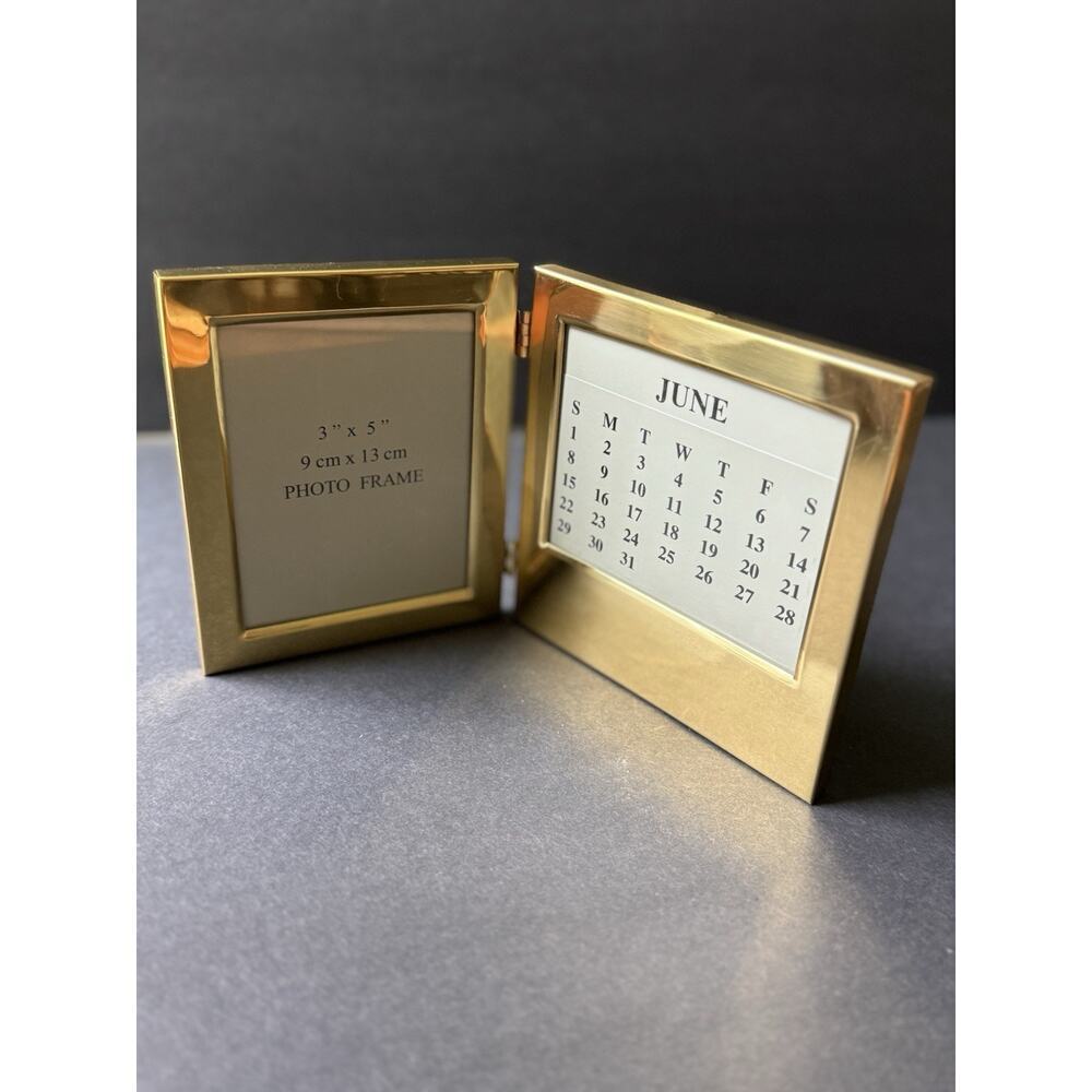 Brass Perpetual Desktop Calendar Frame Folding Travel Office Minimalist